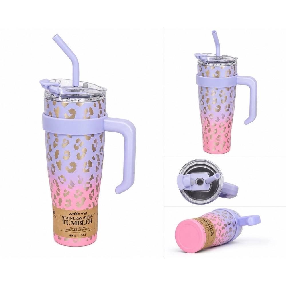 40oz Leopard Print Stainless Steel Tumbler Handle Straw Pink Purple Cheetah New